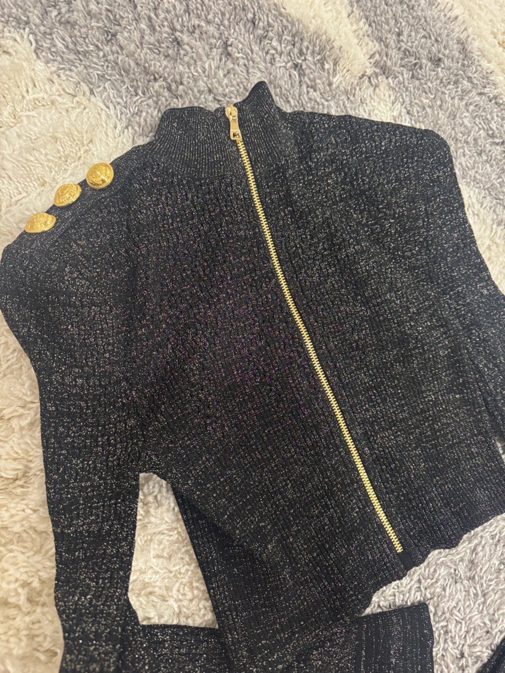 Balmain Black Metallic Zip-Up Bomber with Gold Buttons